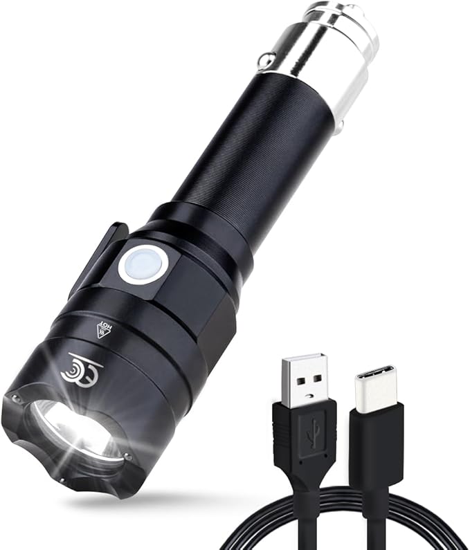 Small Flashlight Rechargeable with 12 Volt Car Cigarette Lighter & USB C for Auto Vehicles Emergency, Car Escape Tool, Outdoo