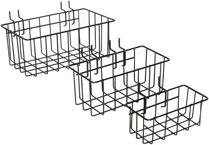 Heavy Duty Peg Board Hook Baskets for ¼ Pegboard Holes, Set of 3 Black Wire Baskets, Extra Thick Metal Fit Snugly in Pegboard