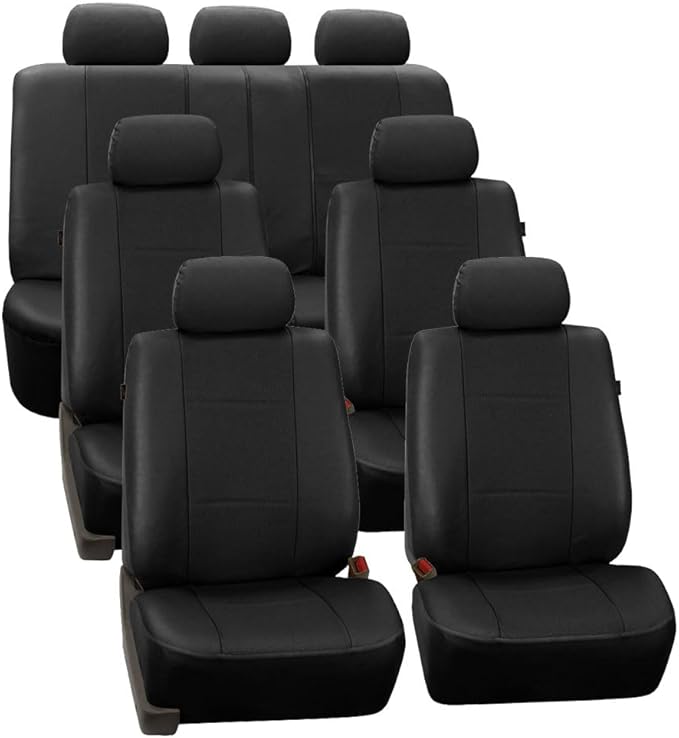 FH Group Three Row Car Seat Covers Deluxe Leatherette with 7 Headrests, Airbag Compatible and Rear Split Bench– Universal Fit