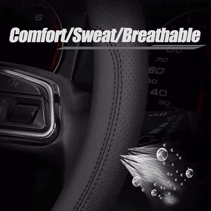 Carodi Latest Nappa Leather car Steering Wheel Cover, Stylish Non-Slip Leather car Interior 15 inches Universal (D-Shape,Blac