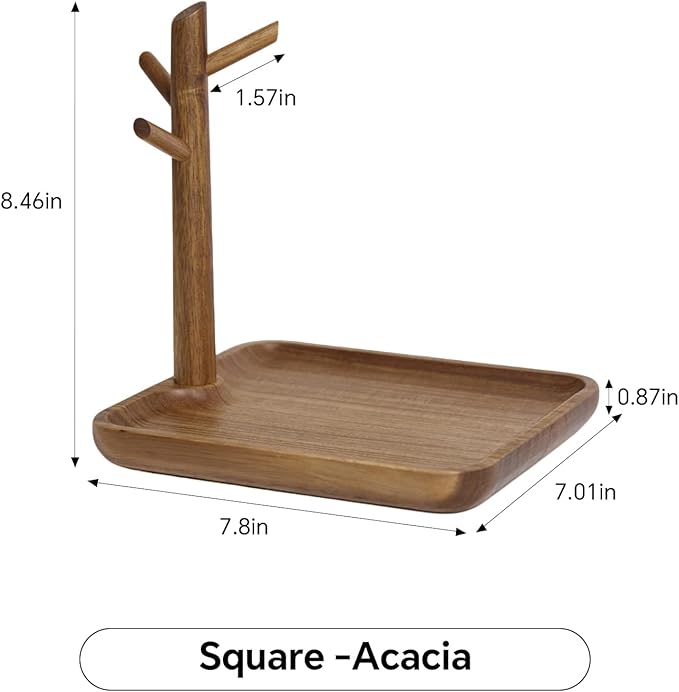 Solid Acacia Wood Key Tray and Bowl for Entryway Table - Jewelry Tray With 3 Hooks, Open Storage for Wallet, Glasses, Watches