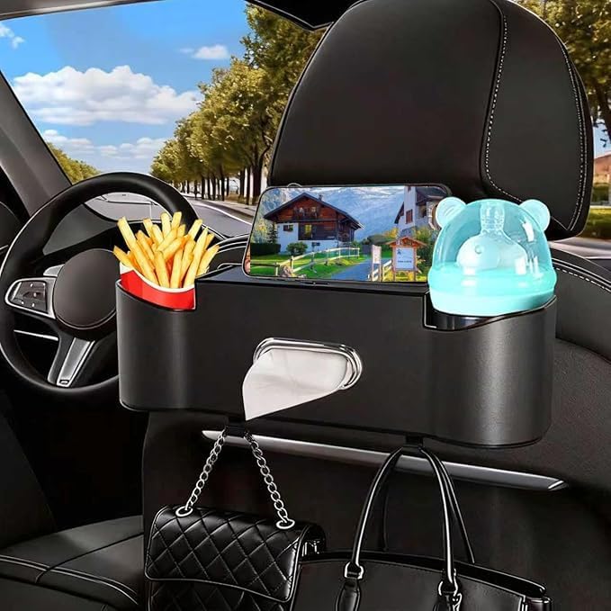 2Pack Car Backseat Organizer for Kids & Travelers - 4 in 1 Multifunctional Car Seat Back Storage with Cup Holder, Tissue Box, Snack/Handbag Holder - Nappa Leather Universal Fit for SUV/Van(Black)