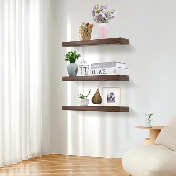 Wood Floating Shelves for Wall Set of 3, 22 Inch Rustic Floating Shelf Wall Mount, Solid Wooden Bathroom Floating Shelves for