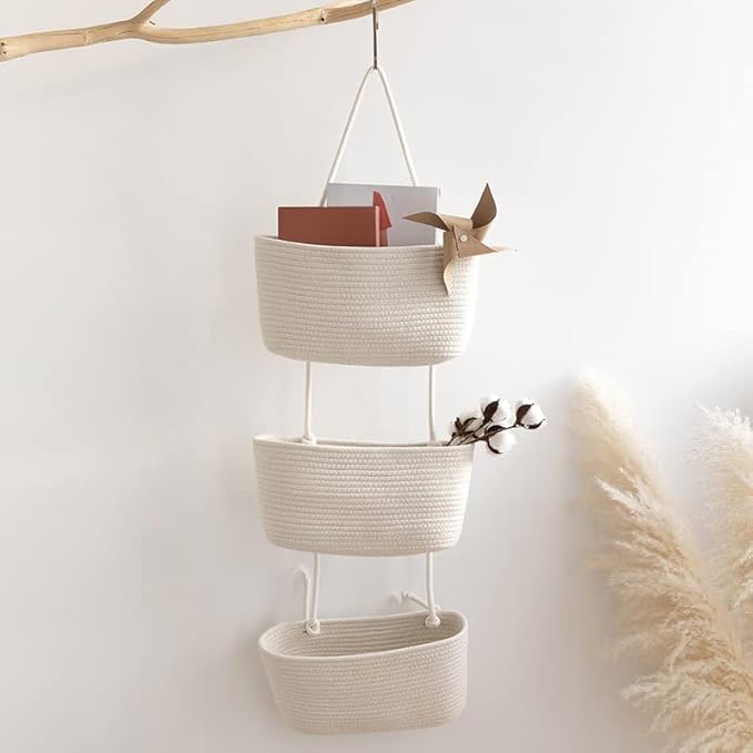 TeoKJ Over the Door Hanging Basket, 3-Tier Woven Cotton Wall-Mounted Storage Organizer Bag Decorative Hanging Nursery Baskets