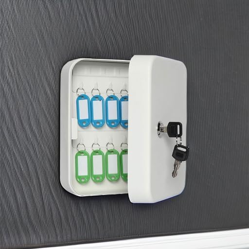 Jssmst Key Lock Box Wall Mount Security Key Storage Box, Locking Key Cabinet Wall Mount with 20 Key Hooks & Tags Key Labels, 