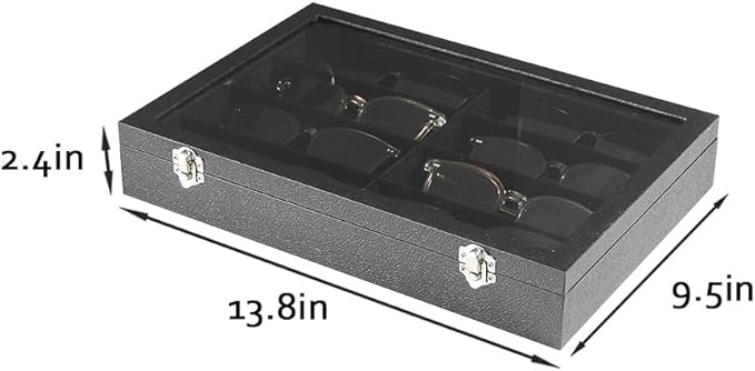 Coward Sunglass Organizer Tray Box, Black Velvet Grids Eyeglasses Display Tray Case with Transparent Glass Lid for Home Use o