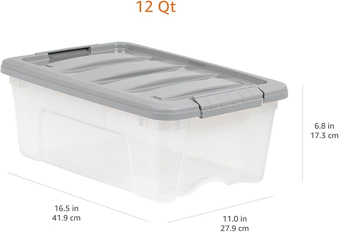 Amazon Basics Plastic Storage Containers with Secure Latching Lids, Stackable Organization Bins for Organizing, Clear/Grey, 1