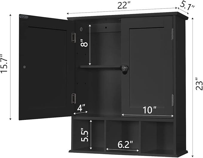 TaoHFE Black Bathroom Over The Toilet Storage Cabinet,Wall Medicine Cabinet Organizer with 2 Door Adjustable Shelves,Wooden M