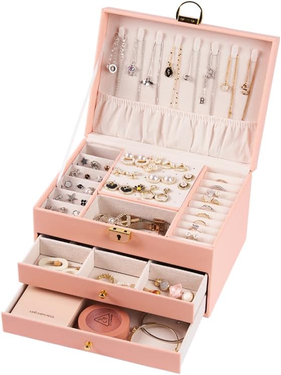coobest 3 Layer Jewelry Box, Jewelry Holder with Lockable Drawer, Large Jewelry Boxes & Organizer with Velvet Earring Holder,