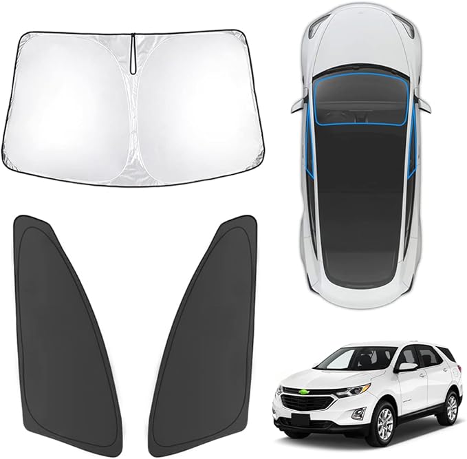 Karltys 3PCS Windshield Sun Shade for 2018-2024 Chevy Equinox, Thickened Reflective Front and Side Window Sunshade Custom Fit Equinox, Foldable Sun Visor Cover Protector Blocks Heat UV Rays