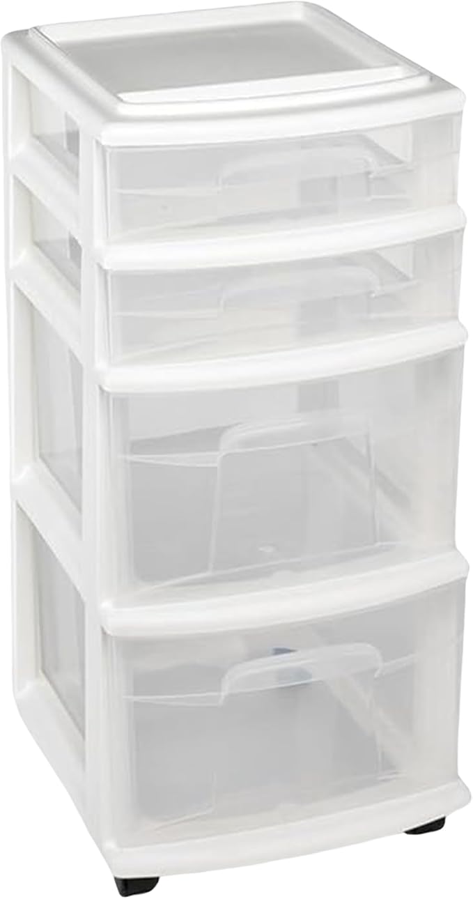 HOMZ Drawer Tower, 4-Tier Clear Plastic Storage Organizer Cart, White Frame – Rolling Containers with Wheels for Bathroom, Be