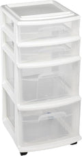 HOMZ Drawer Tower, 4-Tier Clear Plastic Storage Organizer Cart, White Frame – Rolling Containers with Wheels for Bathroom, Be