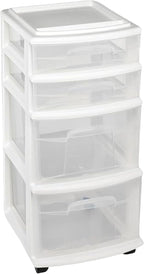 HOMZ Drawer Tower, 4-Tier Clear Plastic Storage Organizer Cart, White Frame – Rolling Containers with Wheels for Bathroom, Be