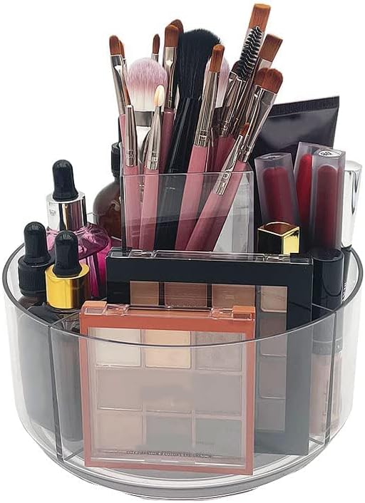 LINFIDITE 360 Rotating Makeup Organizer Clear Cosmetic Storage Holder Tray with 6 Compartment Makeup Brush Lip Gloss Organize