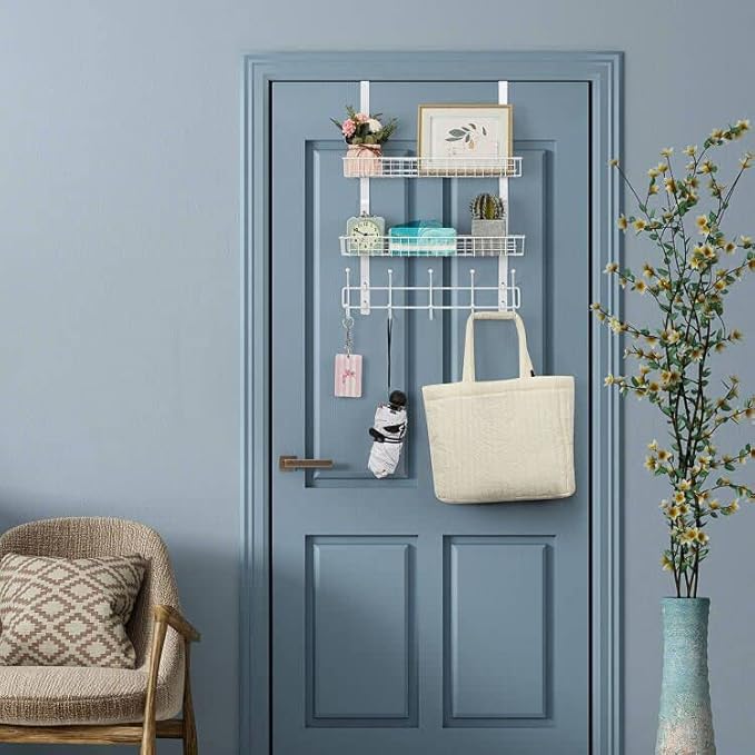 Over The Door Hanger Organizer with 2 Mesh Baskets & 5 Towel Hooks, Detachable Behind The Door Storage Towel Rack for Coats, 