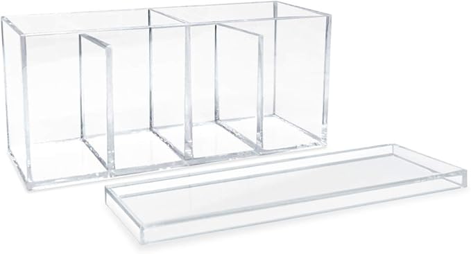 Isaac Jacobs 2-Pack 4-Compartment Clear Acrylic Organizers with Lid (9” L x 3” W x 4” H), Makeup Brush Holder, Sectional Tray