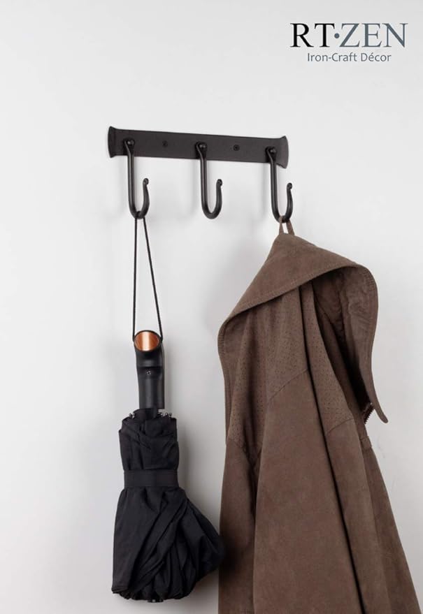 RTZEN Wall Mount Hook Set - Wrought Iron Decorative Rustic Metal Coat Hooks for Hanging - Handcrafted Classic Farmhouse Wall 