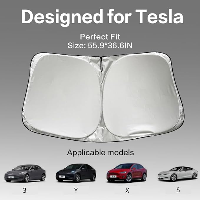 300T Sunshade for Tesla Model Y Model 3, Car Accessories 2026 for Tesla, Front Window Sunshade with Organizer Bag, Gifts for Tesla Owners