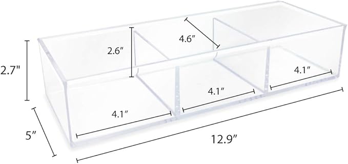 Isaac Jacobs Large 3-Compartment Acrylic Stackable Organizer (12.9" L x 5" W x 2.7" H), Multi-Sectional Tray & Storage Soluti