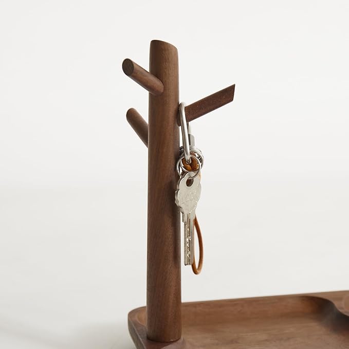 Black Walnut Solid Wood Key Dish Bowl for Entryway Table Square Tray With 3 Hooks, Open Storage for Keys, Wallet, Jewelry (Wa