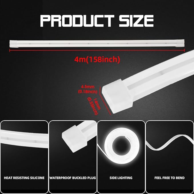 Car LED Strip Light For Trunk, 158Inch IP67 Silicone Waterproof Neon Light Strip Embedded, Flexible Cutting Universal Auto Interior Lights(Warm White)