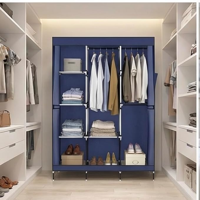 71" Portable Closet Wardrobe, Fabric Storage Organizer with Dustproof Cover, Shelves & Hanging Rod, Foldable Closet Wardrobe 