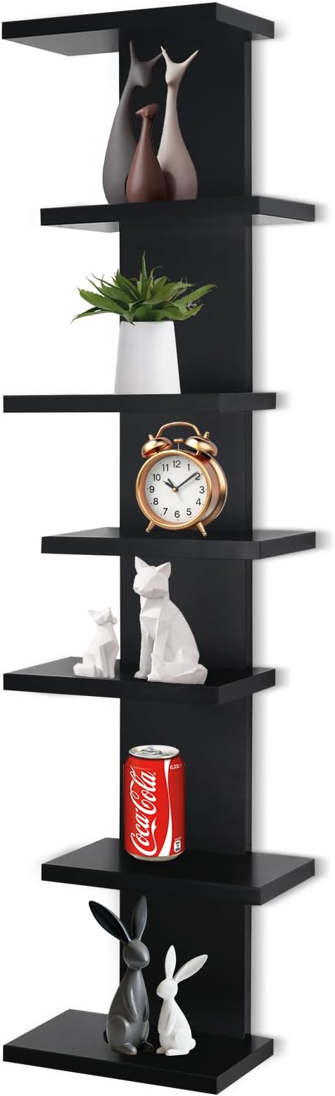 7 Tier Wall Shelf Unit-Black Floating Shelves for Home Decor, Modern Unique Asymmetric Design for Bedroom & Living Room Stora