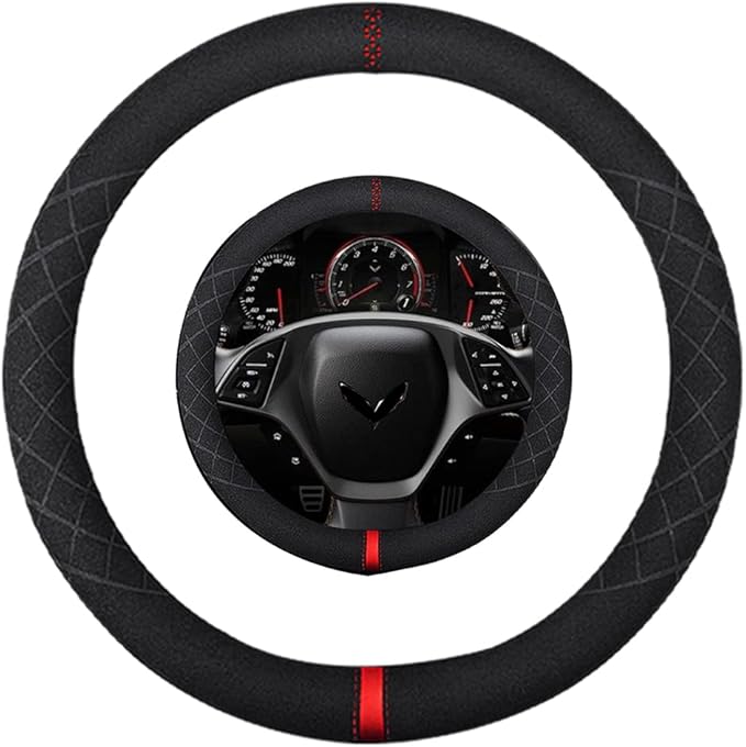 Suede Steering Wheel Cover,Compatible with Cadillac 2017 Corvette SuedeLeather Sport Non-Slip Wheel Cover Car Interior Accessories 15 inch for Man and Women