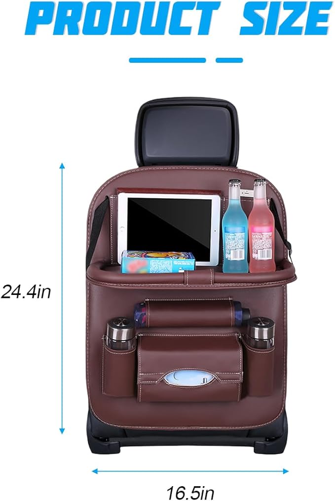 Car Seat Back Organizer, Leather Vehicle Seatback Storage Pocket with Foldable Table Tray, Multifunctional Automotive Backsea