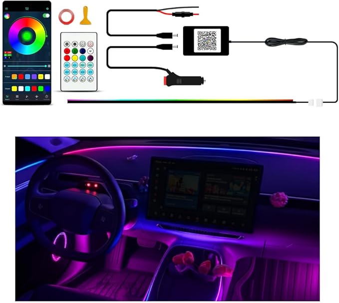 Ambient Lighting Car Led Lights Interior Kit with Wireless APP,43.3 inches Dream Color Acrylic Led Strips Lights for Car, 12V Fiber Optic Music Sync Neon Center Console Dashboard Interior Lights