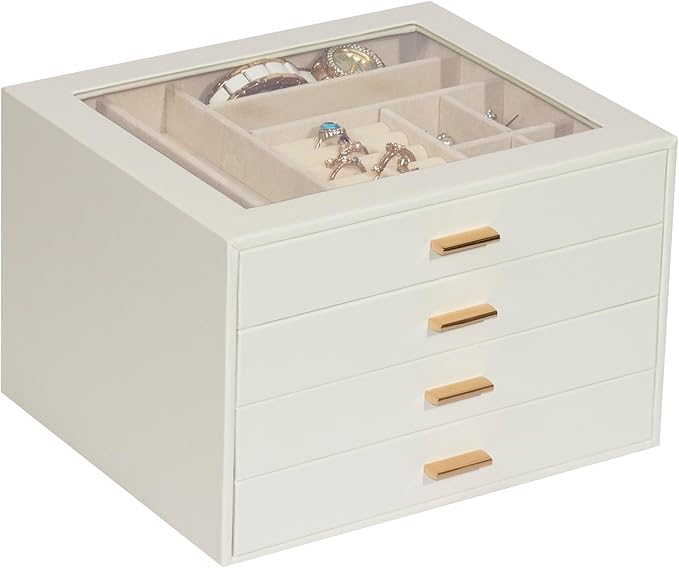 Jewelry Box with Glass Lid, 4-Layer Jewelry Organizer for Women Girls, PU Leather Display Case with 20-Grid Earring Tray & Mo