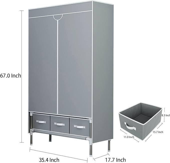 Portable Clothes Closet Rolling Door Wardrobe with Hanging Rack Non-Woven Fabric Storage Organizer with Three Drawer Boxes No