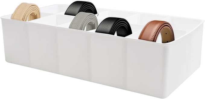 Plastic Belt Organizer, 10 Section Drawer Organizer for Storage Belt, Ties, Underwear and Socks, White Removable Dividers Sto