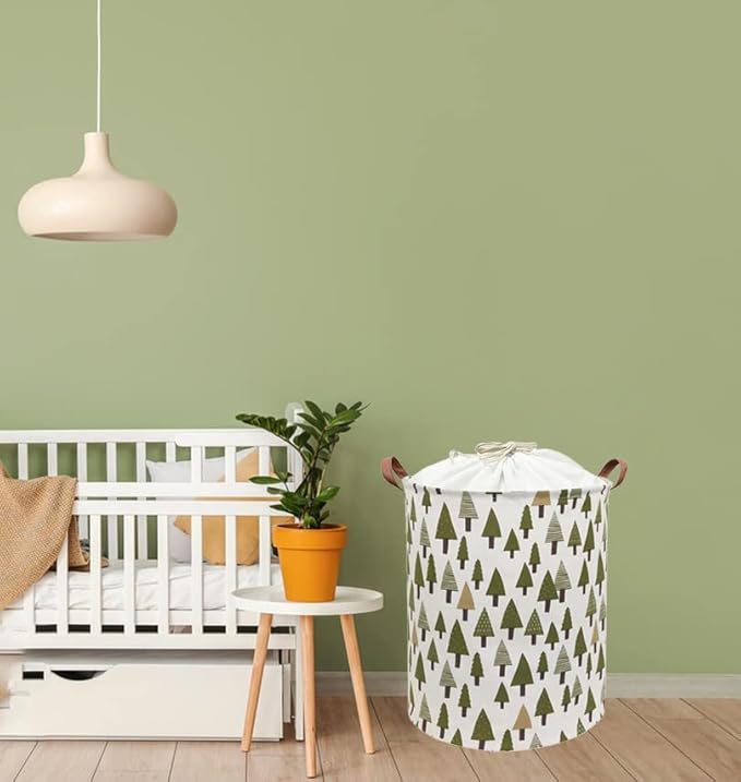 Nursery Laundry Basket Canvas Fabric Baby Boy Storage Bins,Collapsible Woodland Hamper,Waterproof Storage Baskets with Leathe
