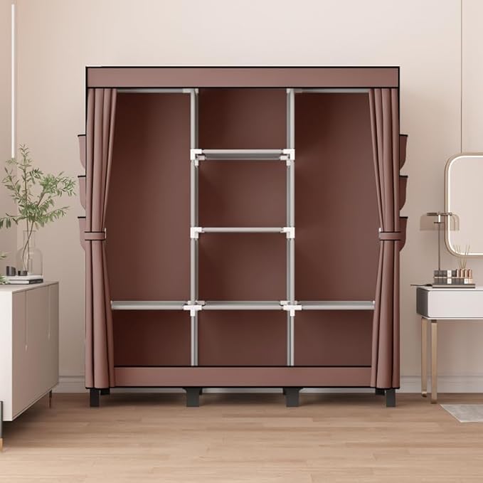 Portable Wardrobe, Easy Hanging Closet 6 Side Pockets Large Capacity Clothes Organizer Comes with 2 Hanging Poles and Storage