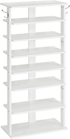 HOOBRO Vertical Shoe Rack, 8 Tier Wooden Shoe Storage Organizer with Hooks, Narrow Shoe Tower for 16 Pairs, Space Saving, for