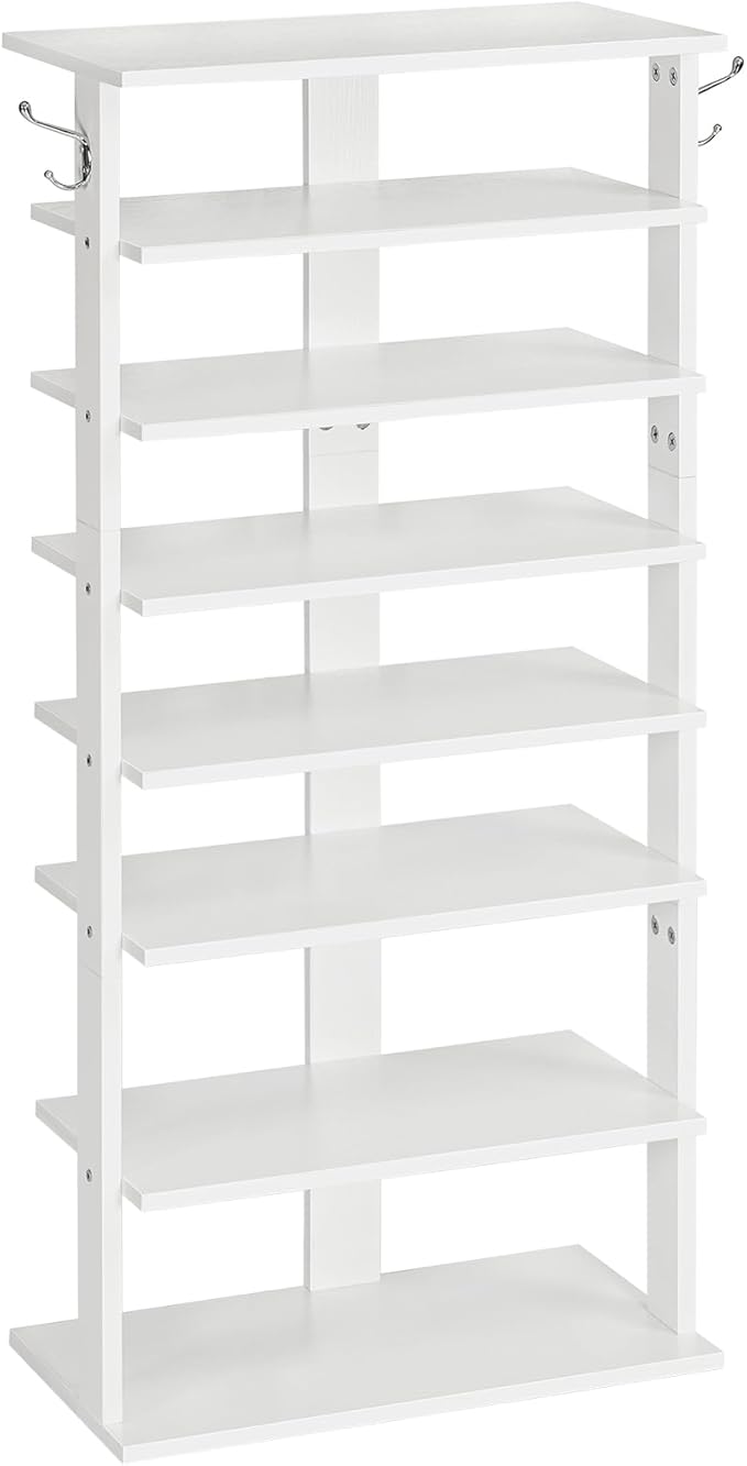 HOOBRO Vertical Shoe Rack, 8 Tier Wooden Shoe Storage Organizer with Hooks, Narrow Shoe Tower for 16 Pairs, Space Saving, for