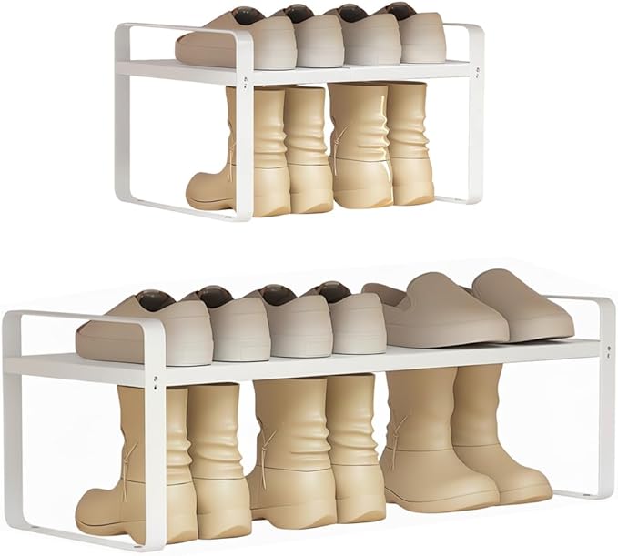 Expandable 1-Tier Metal Shoe Rack (H:10"), Adjustable Width 14.9"-23.6", Heavy-Duty Free-Standing Shoe Organizer for Closet, 
