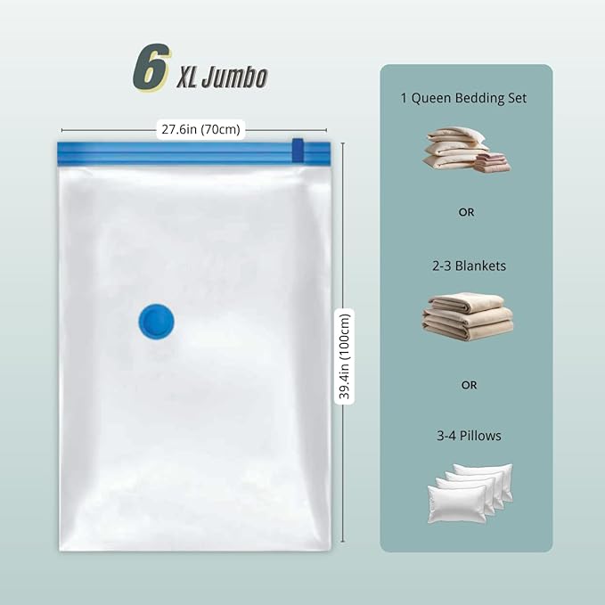 6 Jumbo XL Vacuum Storage Bags with Pump, Extra Large Compression Space Saver for Comforter, Duvet, Blanket, Bedding Storage,