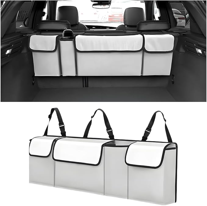 Car Trunk Organizer with Lid, Large Waterproof Vehicle Backseat Hanging Storage Bag with 4 Pockets & Adjustable Straps, Colla
