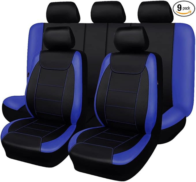 Flying Banner car seat Covers Protects Water Proof Faux Leather Carbon Fiber Front and Rear Bench (Blue Black, Full Set - 9PC