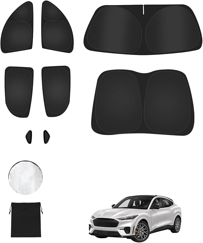 8PCS Window Shades for Ford Mustang Mach-E(2021-2025) Accessories – Full Coverage Sun Shade for Side Windows, Rear Triangular & Windshield – UV Protection & Privacy for Camping, Napping, Relaxing