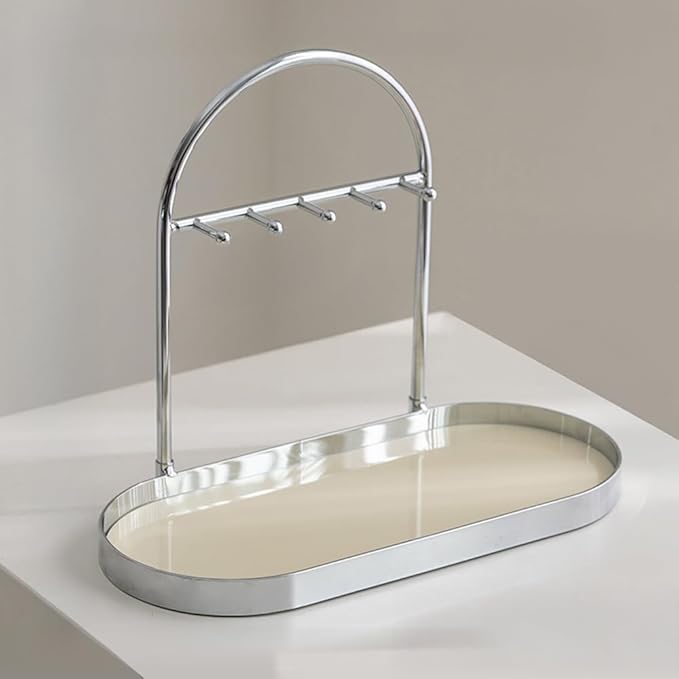 Shinpuru Metal Jewelry Organizer Stand & Key Holder Tray with Acrylic Base, Key Stand and Jewelry Tray with 5 Hooks, Perfect 