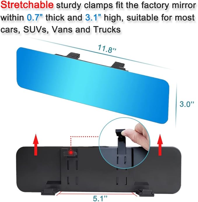 SkycropHD Frameless Anti Glare Rear View Mirror Interior Panoramic Wide Angle Mirror Eliminate Blind Spots for Car SUV Truck – Flat,11.8in (Blue)