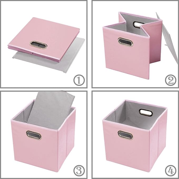 PRANDOM Leather Foldable Cube Storage Bins 11x11 inch [4-Pack] Fabric Storage Baskets Cubes Drawer with Cotton Handles Organi