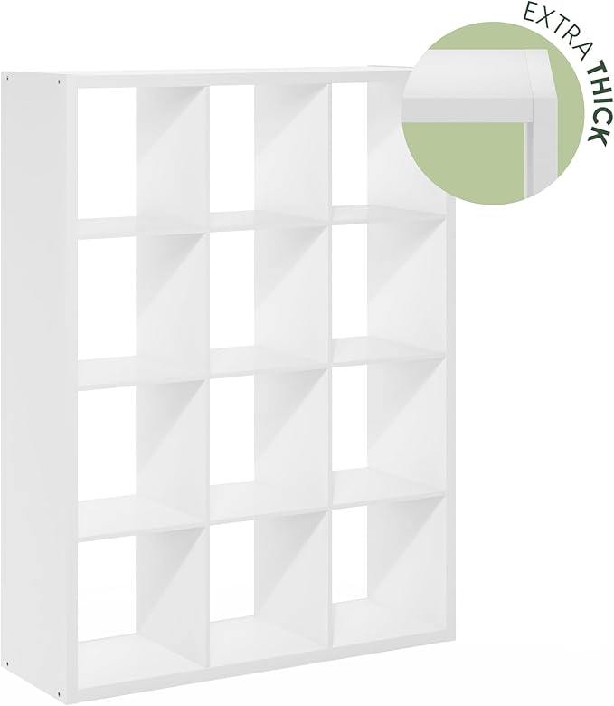 Furinno Cubicle Book Shelf, 12-Cube Bookshelf, Extra Thick Frame Reversible Bookcase with Open Back, 14.6" x 44" x 58", for L