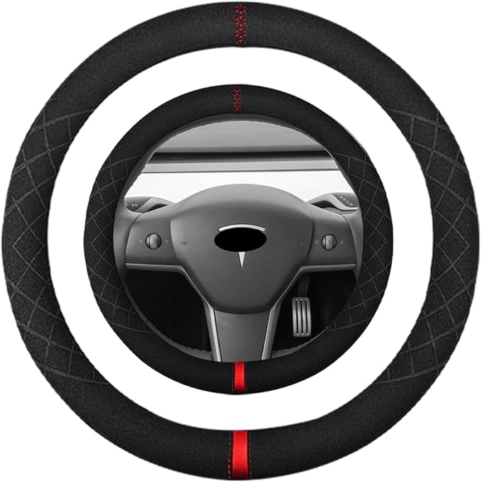 15 inch Suede Steering Wheel Cover, Compatible with Tesla Model 3, Y, S, X - Non-Slip Sport Wheel Cover for Men and Women