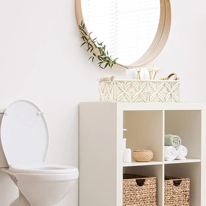 HOSROOME Macrame Storage Basket Boho Decor Baskets for Organizing Woven Decorative for Countertop Toilet Paper Basket for Tan