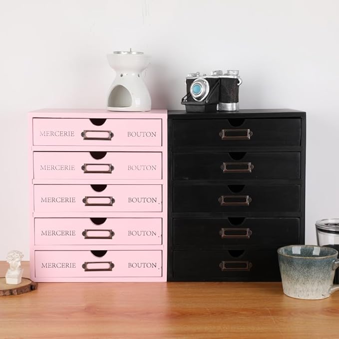 Wooden Storage Box with 5 Drawers Apothecary Vintage Wood Desktop Organizer Countertop Library Card Catalog Cabinet (Pink)