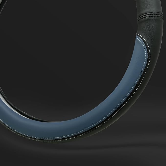 Morandi Color Steering Wheel Cover, Nappa Leather, Fashionable Sporty Style, Universal 15 inches,Black and Blue